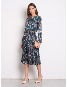 Long Pleated Satin Dress with Baroque-Rinascimento Motif