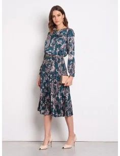Long Pleated Satin Dress with Baroque-Rinascimento Motif