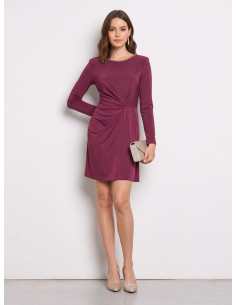 Short, draped jersey dress with a gold crew neck and Rinascimento-style straps