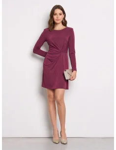 Short, draped jersey dress with a gold crew neck and Rinascimento-style straps
