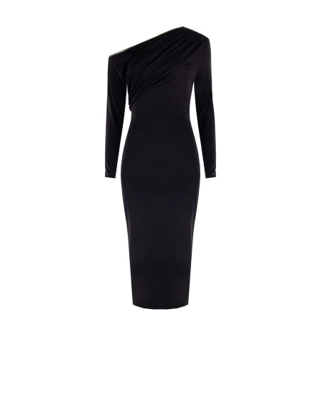 Rinascimento Gold-Trimmed Midi Sheath Dress in Knit Fabric