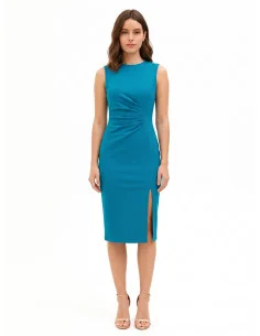 Milan-stitched sheath dress, gathered on one side, with a Rinascimento-style slit