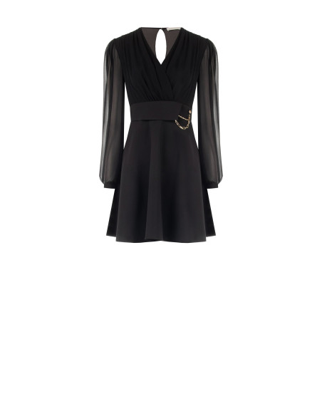 Short, two-piece-style dress with a crossover V-neck in georgette and a skirt in Rinascimento technical fabric