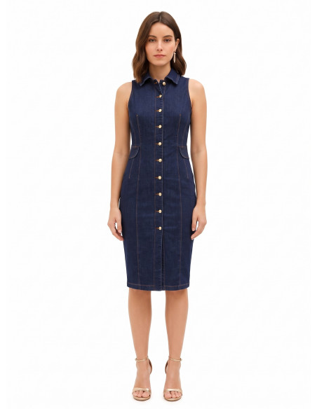 Robe fourreau chemisier en denim extensible, délavage « Zero Rinascimento »