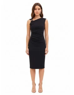 Sheath Dress with Asymmetrical Neckline and RR Rinascimento Logo Buckle