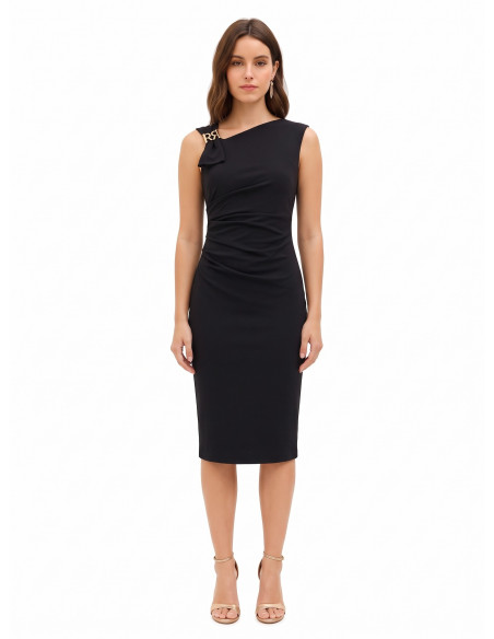 Sheath Dress with Asymmetrical Neckline and RR Rinascimento Logo Buckle
