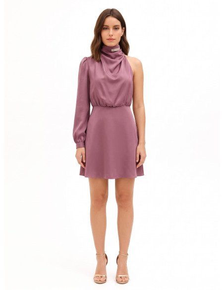 Short, one-sleeved satin dress with a draped Rinascimento-style turtleneck