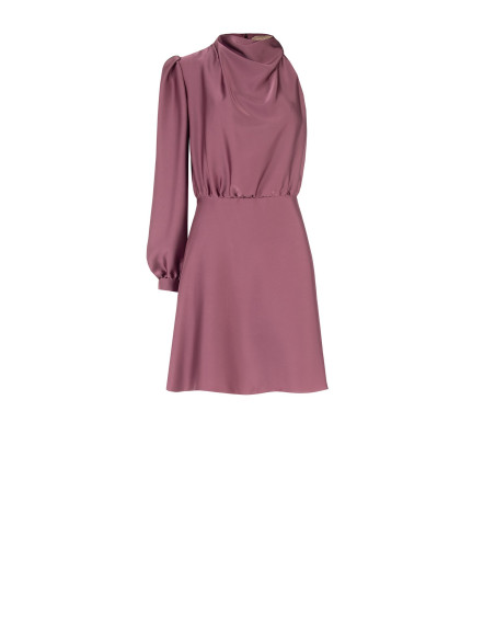 Short, one-sleeved satin dress with a draped Rinascimento-style turtleneck