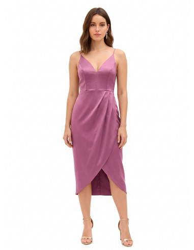 Short, asymmetrical satin dress with a crossover design and a V-neck, Rinascimento style