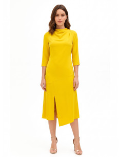 Rinascimento Midi-Length Flowing Dress in Matt Satin with an Asymmetrical Hem