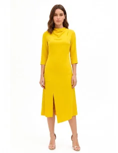 Rinascimento Midi-Length Flowing Dress in Matt Satin with an Asymmetrical Hem
