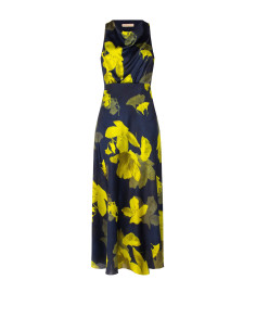 Long, flowing satin dress with a subtle ruffle and a Rinascimento floral pattern