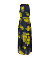 Long, flowing satin dress with a subtle ruffle and a Rinascimento floral pattern