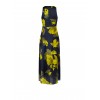 Robe longue et fluide en satin légèrement froncé, avec un motif floral de style Rinascimento