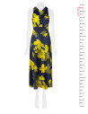 Long, flowing satin dress with a subtle ruffle and a Rinascimento floral pattern