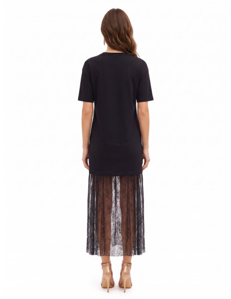 Long Cotton T-Shirt Dress with Lace Hem by Rinascimento