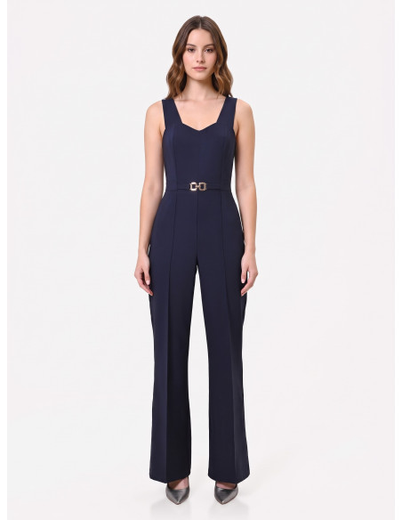 Scuba Crepe Flared Jumpsuit with Decorative Buckle – Rinascimento