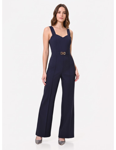 Scuba Crepe Flared Jumpsuit with Decorative Buckle – Rinascimento