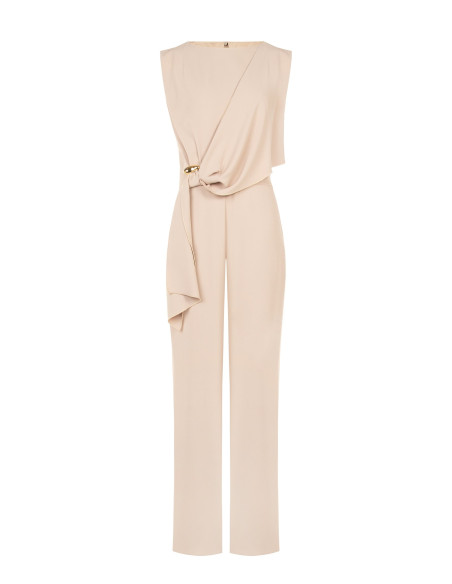 Palazzo-style jumpsuit in cadi fabric with draping and Rinascimento-inspired jewelled detailing