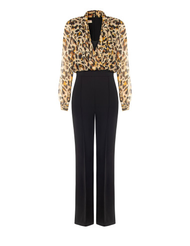 Scuba crepe flared-leg jumpsuit with a spotted georgette top and Rinascimento-style lurex drops