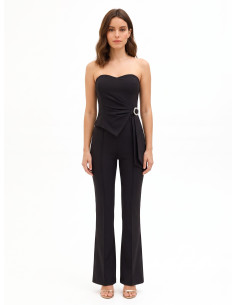Flared One-Piece Jumpsuit in Technical Fabric with Jewelled Buckle and Rinascimento-Style Draping