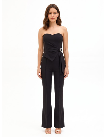 Flared One-Piece Jumpsuit in Technical Fabric with Jewelled Buckle and Rinascimento-Style Draping