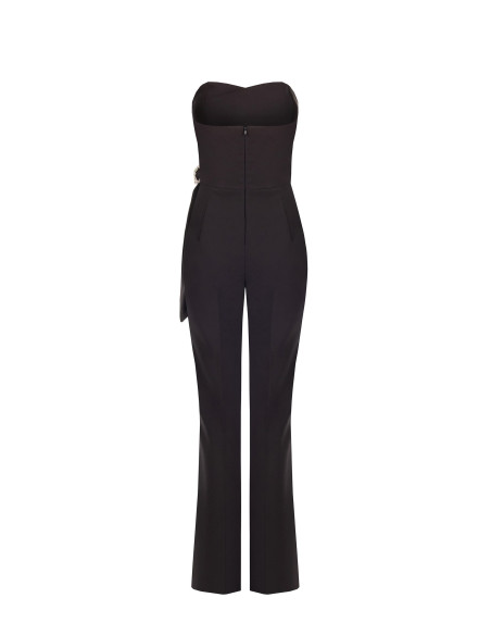 Flared One-Piece Jumpsuit in Technical Fabric with Jewelled Buckle and Rinascimento-Style Draping