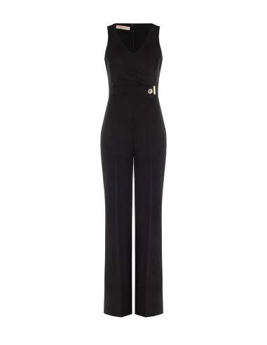 Scuba Crepe Flared Jumpsuit with V-neck and Decorative ‘Rinascimento’ Buckle