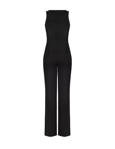 Scuba Crepe Flared Jumpsuit with V-neck and Decorative ‘Rinascimento’ Buckle