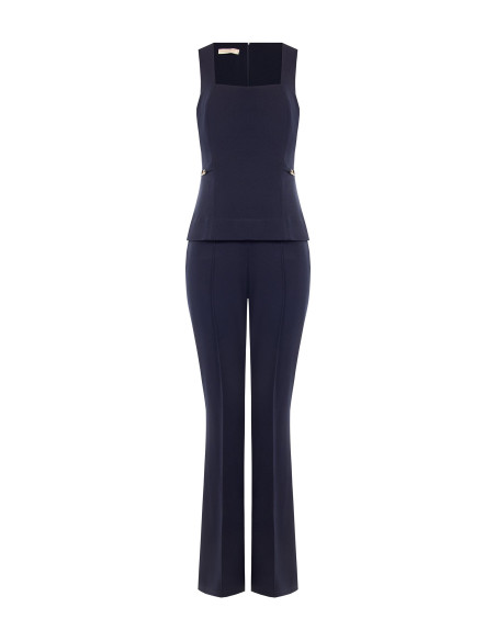 Scuba crepe flared jumpsuit with a square neckline and RR Rinascimento logo patches