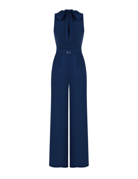 Cadi fabric jumpsuit with a loop neckline, a matching rigid belt and a buckle featuring the Rinascimento logo