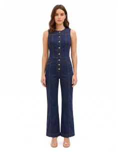Rinascimento Flare Denim Jumpsuit with Contrast Stitching