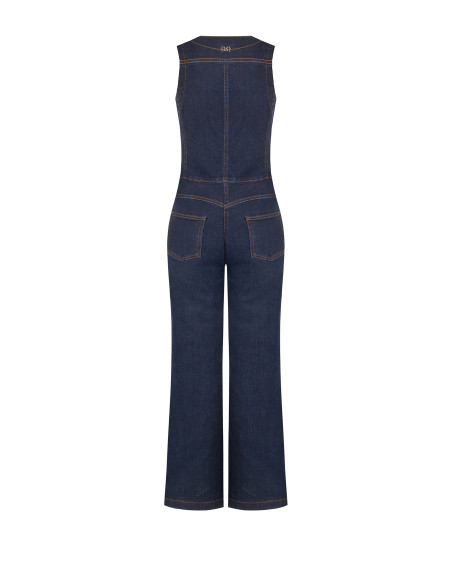 Rinascimento Flare Denim Jumpsuit with Contrast Stitching