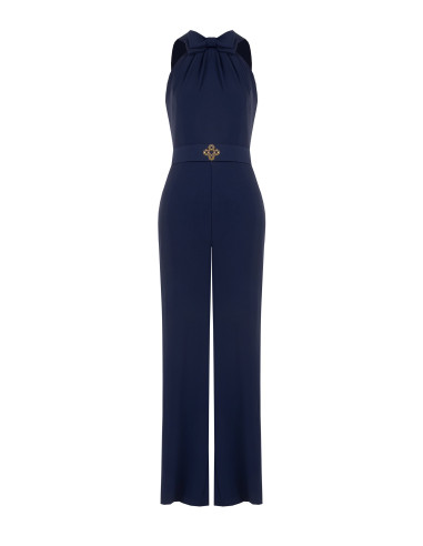 Cadi fabric jumpsuit with bow and matching rigid belt featuring a Rinascimento logo buckle