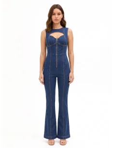 Tuta Intera Flare In Denim Elasticizzato Con Lunga Zip E Cut-Out Rinascimento