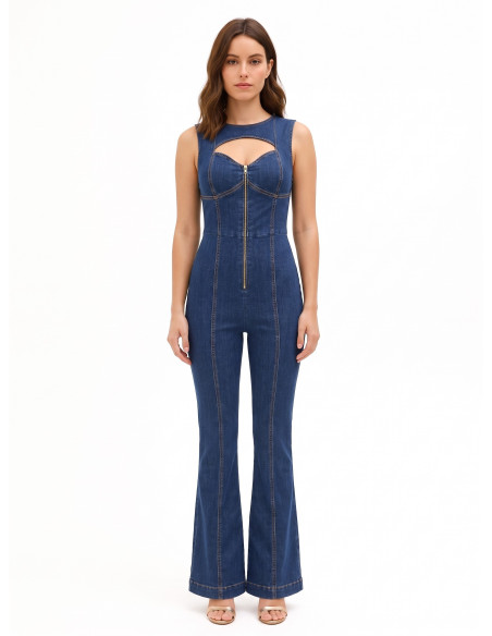 Tuta Intera Flare In Denim Elasticizzato Con Lunga Zip E Cut-Out Rinascimento