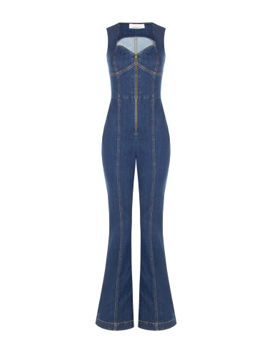 Rinascimento Stretch Denim Flare Jumpsuit with Long Zip and Cut-Out
