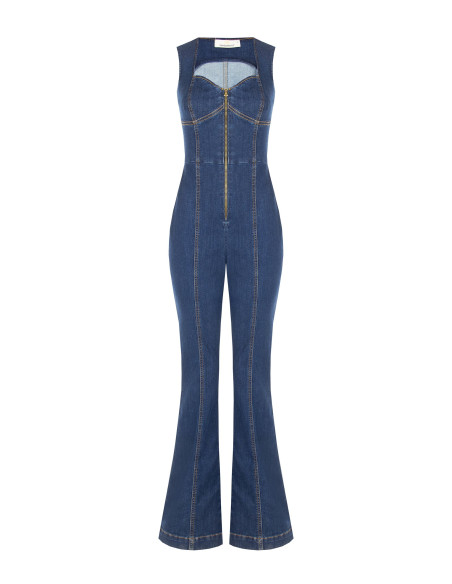 Tuta Intera Flare In Denim Elasticizzato Con Lunga Zip E Cut-Out Rinascimento
