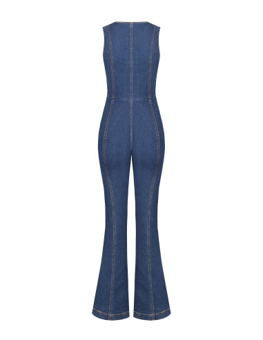 Rinascimento Stretch Denim Flare Jumpsuit with Long Zip and Cut-Out
