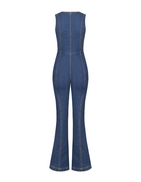 Combinaison évasée en denim extensible avec longue fermeture éclair et découpe « Rinascimento »