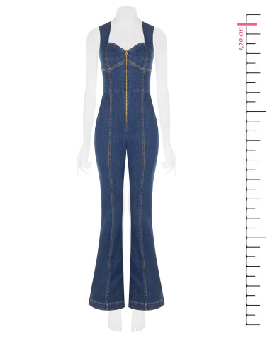 Tuta Intera Flare In Denim Elasticizzato Con Lunga Zip E Cut-Out Rinascimento