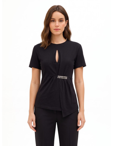 T-Shirt Regular In Cotone Con Volant E Dettaglio Gioiello Rinascimento