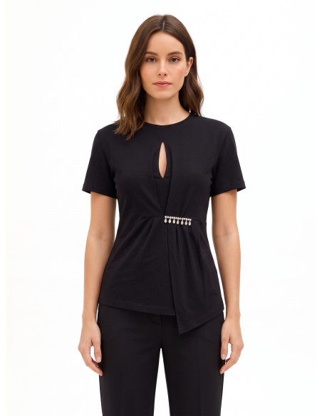 T-Shirt Regular In Cotone Con Volant E Dettaglio Gioiello Rinascimento