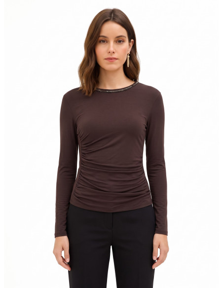 Haut moulant en mélange de viscose, froncé sur les côtés, avec strass « Rinascimento »