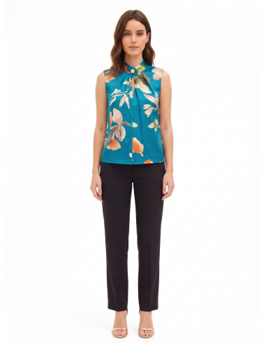 Blouse trapèze en satin à fleurs avec bouton bijou « Rinascimento »