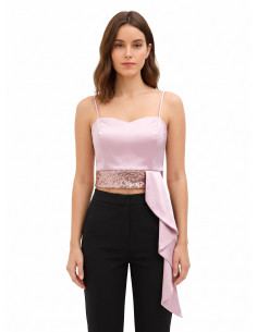 Crop top bustier en satin et paillettes avec long volant « Rinascimento »