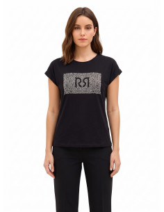 T-shirt coupe classique en coton avec revers aux manches et logo « Rinascimento » en strass