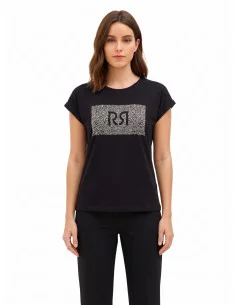 T-shirt coupe classique en coton avec revers aux manches et logo « Rinascimento » en strass