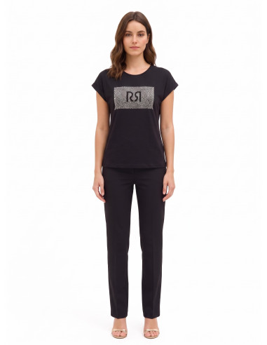 T-Shirt Regular In Cotone Con Risvolto Sulle Maniche E Logo In Strass Rinascimento