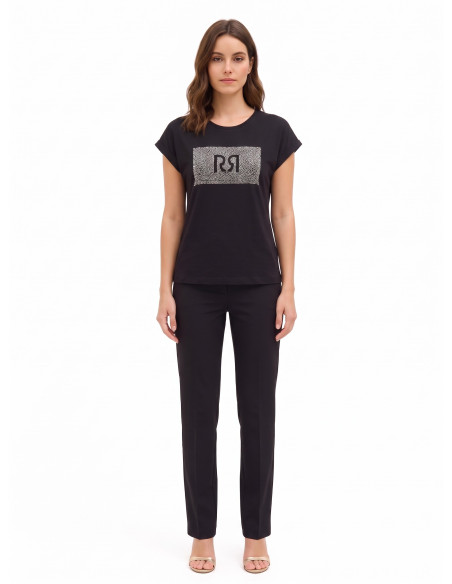 T-shirt coupe classique en coton avec revers aux manches et logo « Rinascimento » en strass